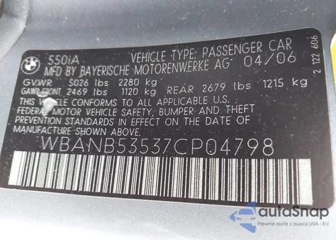 2007 BMW 550I z USA, uszkodzony, nr VIN WBANB53537CP04798